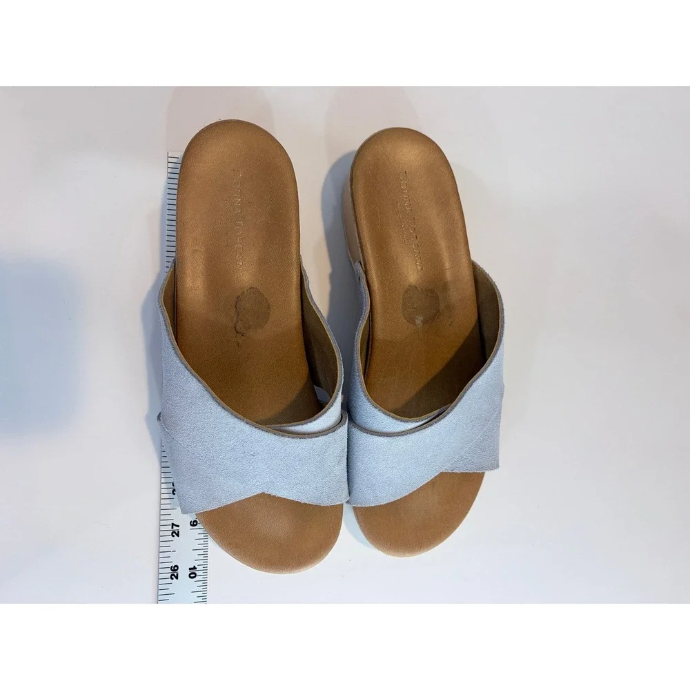 Donna Toscana Italy Light Blue Suede Studded Wood Wedge Slide Sandals Mules 8.5